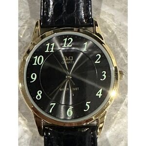 QQ Mens New Battery Round Gold Tone Case Black Faux Leather Band 42MM 8.25"